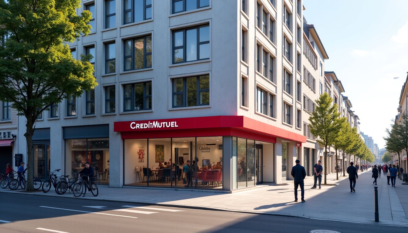 Agence bancaire Crédit Mutuel située en centre-ville de Roanne, vue extérieure avec vitrine et enseigne