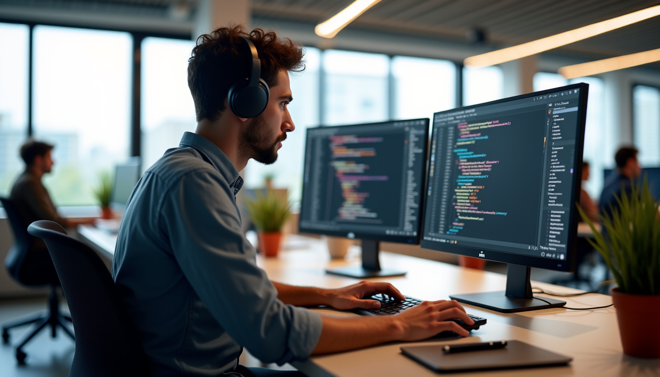 Développeur travaillant sur un projet Ruby dans un environnement de bureau moderne