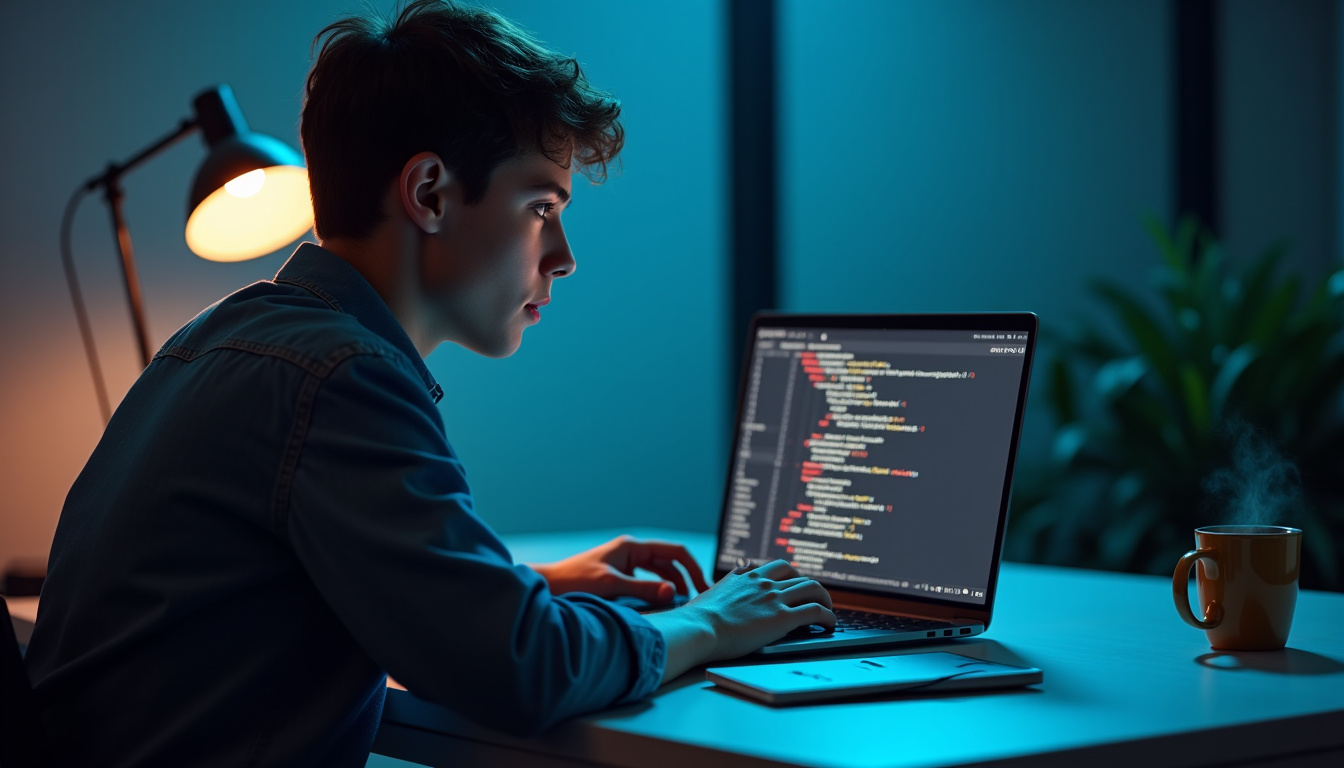 Étudiant utilisant un ordinateur pour suivre un cours de Ruby en ligne sur une plateforme éducative