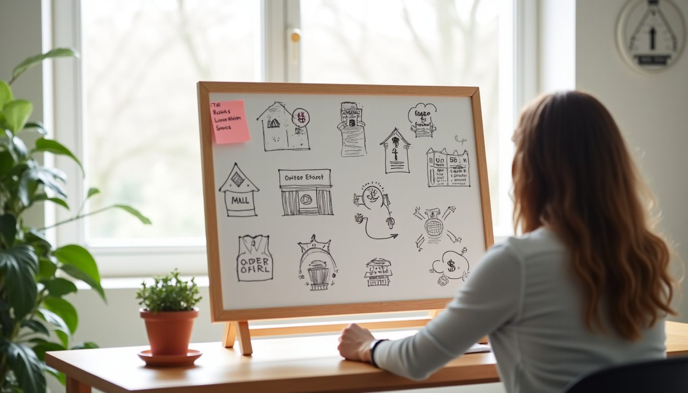 Personne réfléchissant à ses objectifs financiers avec des notes et un tableau blanc