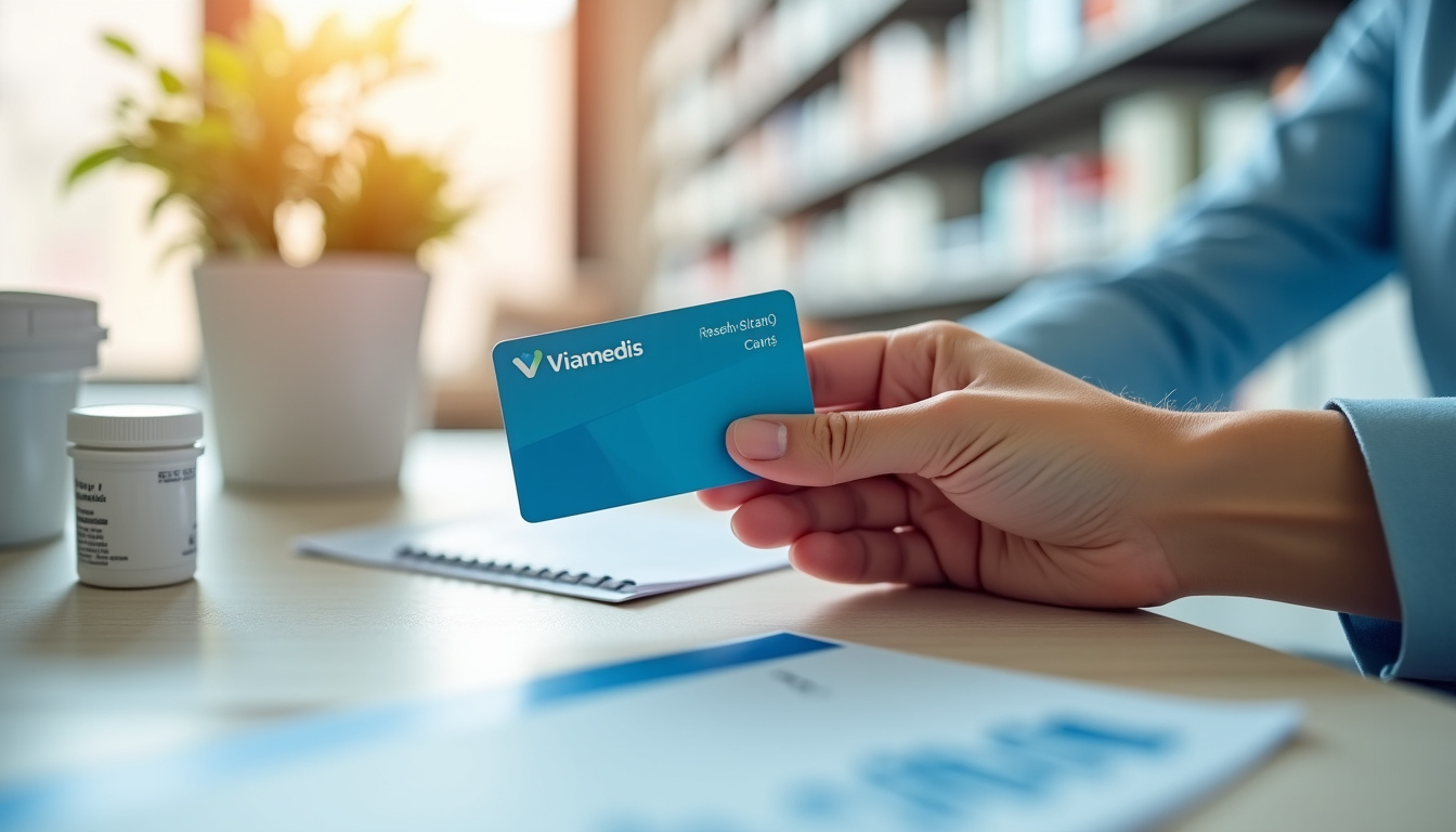 Un assuré présente sa carte Viamedis et sa carte Vitale en pharmacie pour un remboursement sans avance de frais